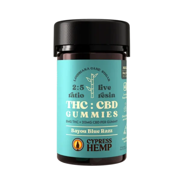 Cypress Hemp: Bayou Blue Razz Indica 8mg THC + 20mg CBD Gummies / 30ct